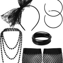 80s Fancy Dress Costume Accessories Lace Headband Earrings Fishnet Gloves Necklace Bracelet for 80s Retro Party (Black)