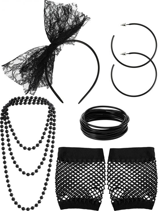 80s Fancy Dress Costume Accessories Lace Headband Earrings Fishnet Gloves Necklace Bracelet for 80s Retro Party (Black)