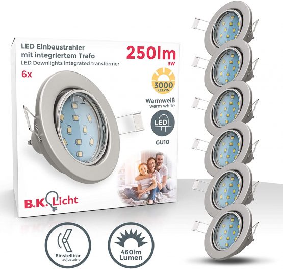 B.Kt - Set of 6 LED Recessed Spotlights with 6X 3W GU10 Bulbs Included and Swivel Design, Matte Nickel, Round - Image 2
