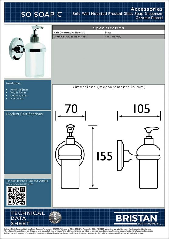 Bristan SO SOAP C Solo Wall Mounted Frosted Glass Soap Dispenser - Chrome Plated - Image 3