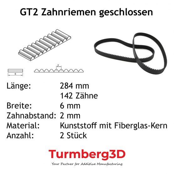 GT2 Closed Timing Belt 6 mm Wide, 2 pieces each (284mm) - Image 2