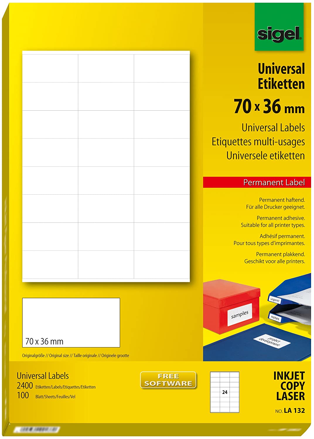SIGEL LA132 Universal Permanent Labels, White, 7 x 3.6 cm, 2400 lbl equal to 100 sheets, White, 70 x 36 mm
