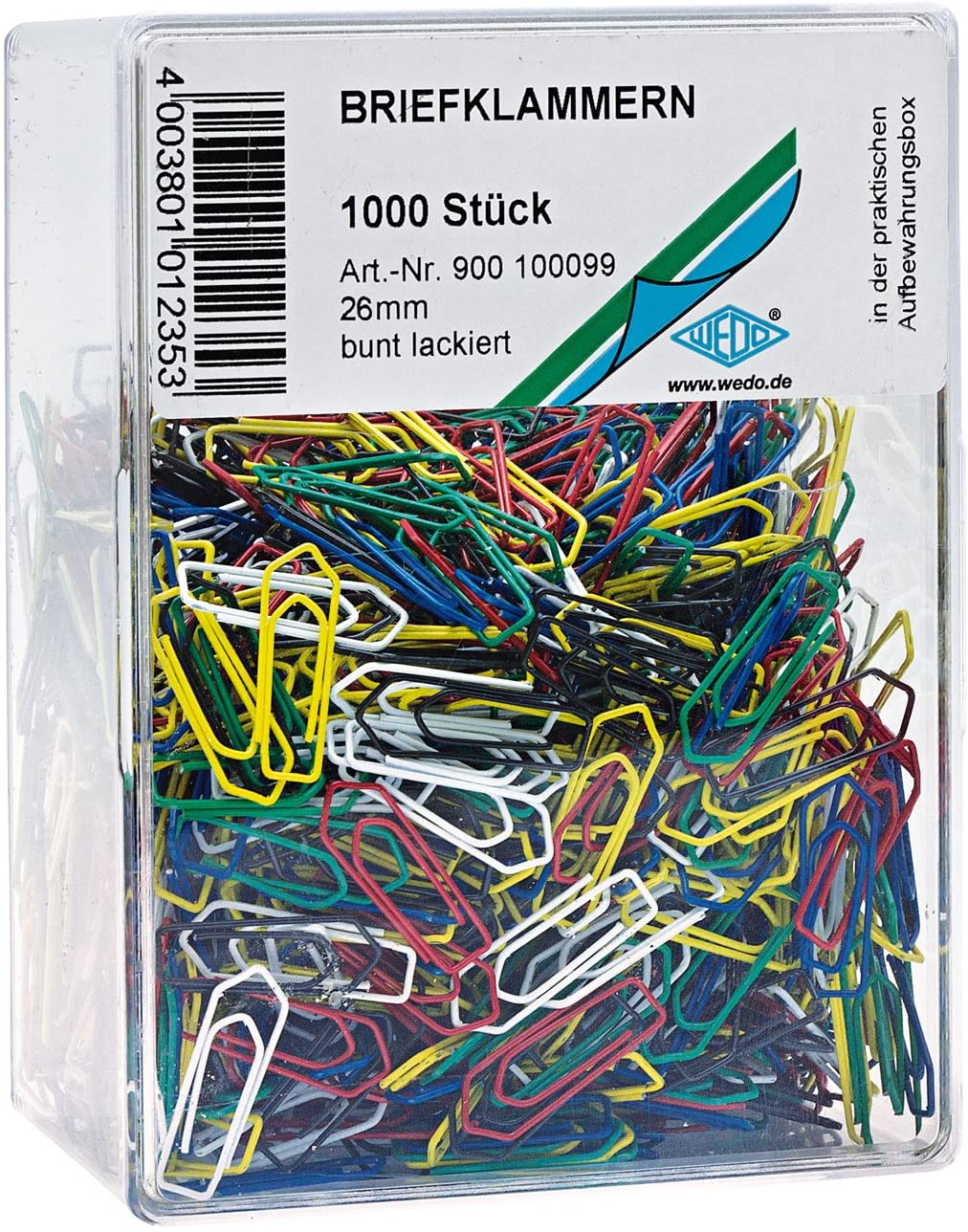 Wedo 900100099 Metal Paper Clip 26 mm Lacquered Assorted Colours Pack of 1,000 in a Transparent Box, fbg sortiert