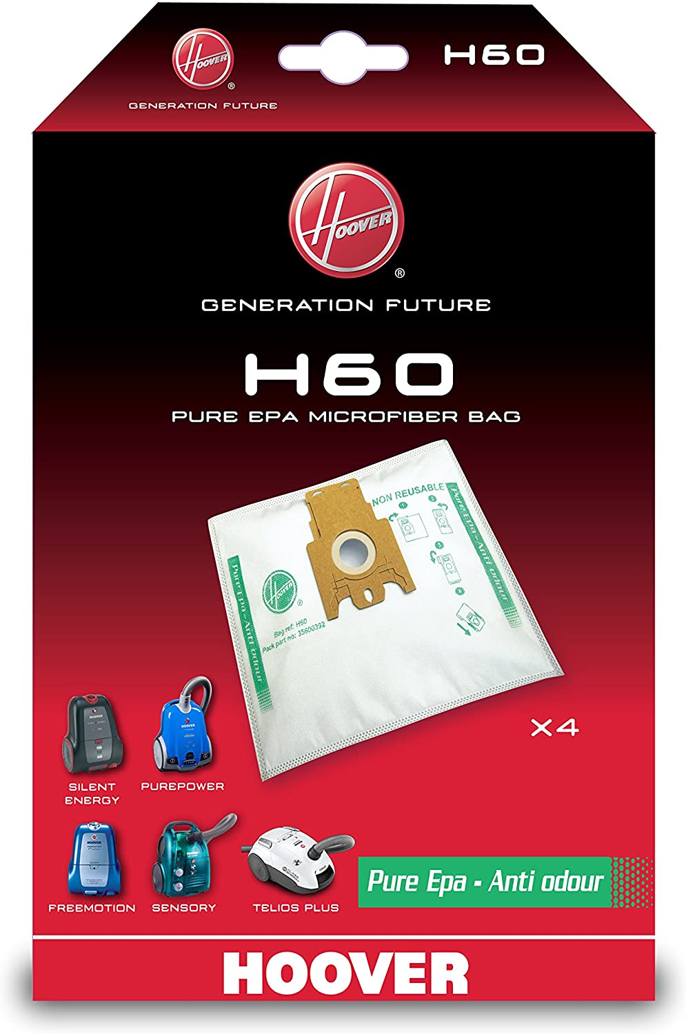 Hoover 35600392 H60 Anti Odour Filtration Bags Sensory Purepower, Paper, White, 1 Pack
