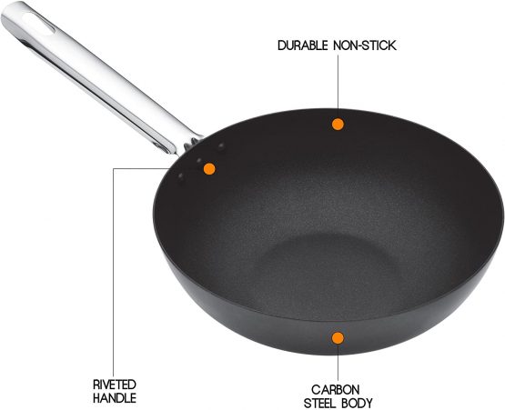 KitchenCraft Master Class Professional Non Stick Carbon Steel Induction Safe Wok, 30 cm - Image 3