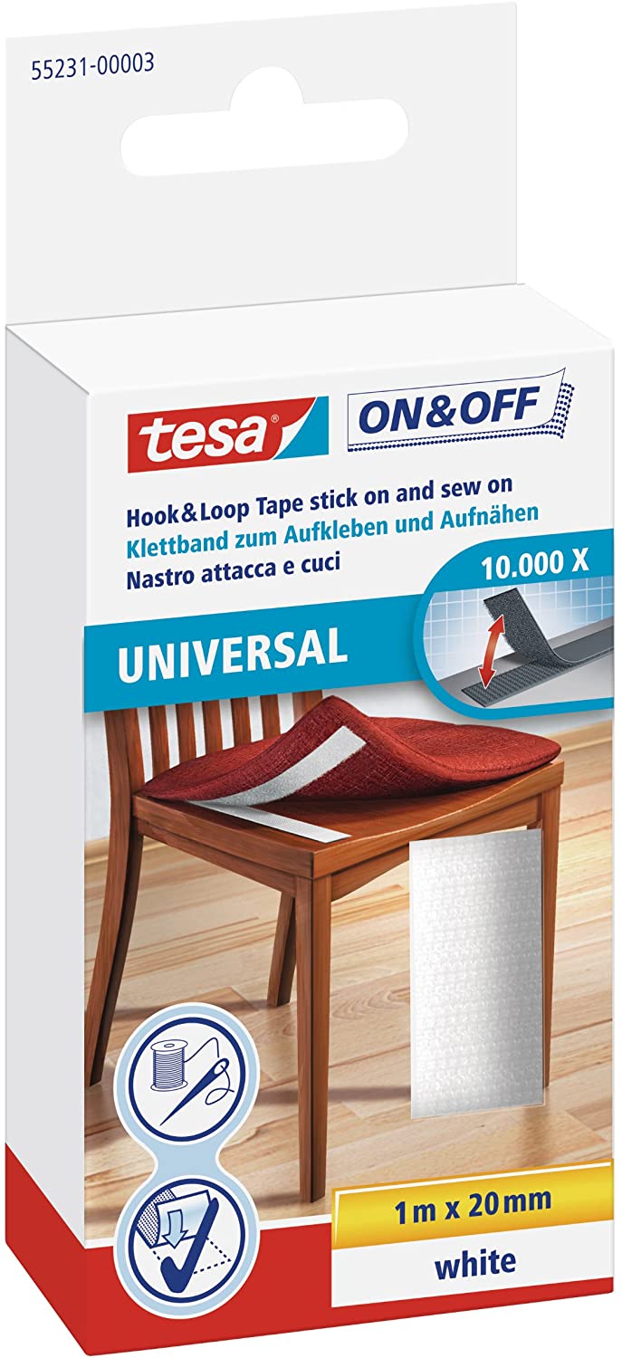 tesa 55231 On/Off Hook and Loop Sew and Stick Tape, 20mm x 1m - White 55231-00003-01, 1m x 20mm