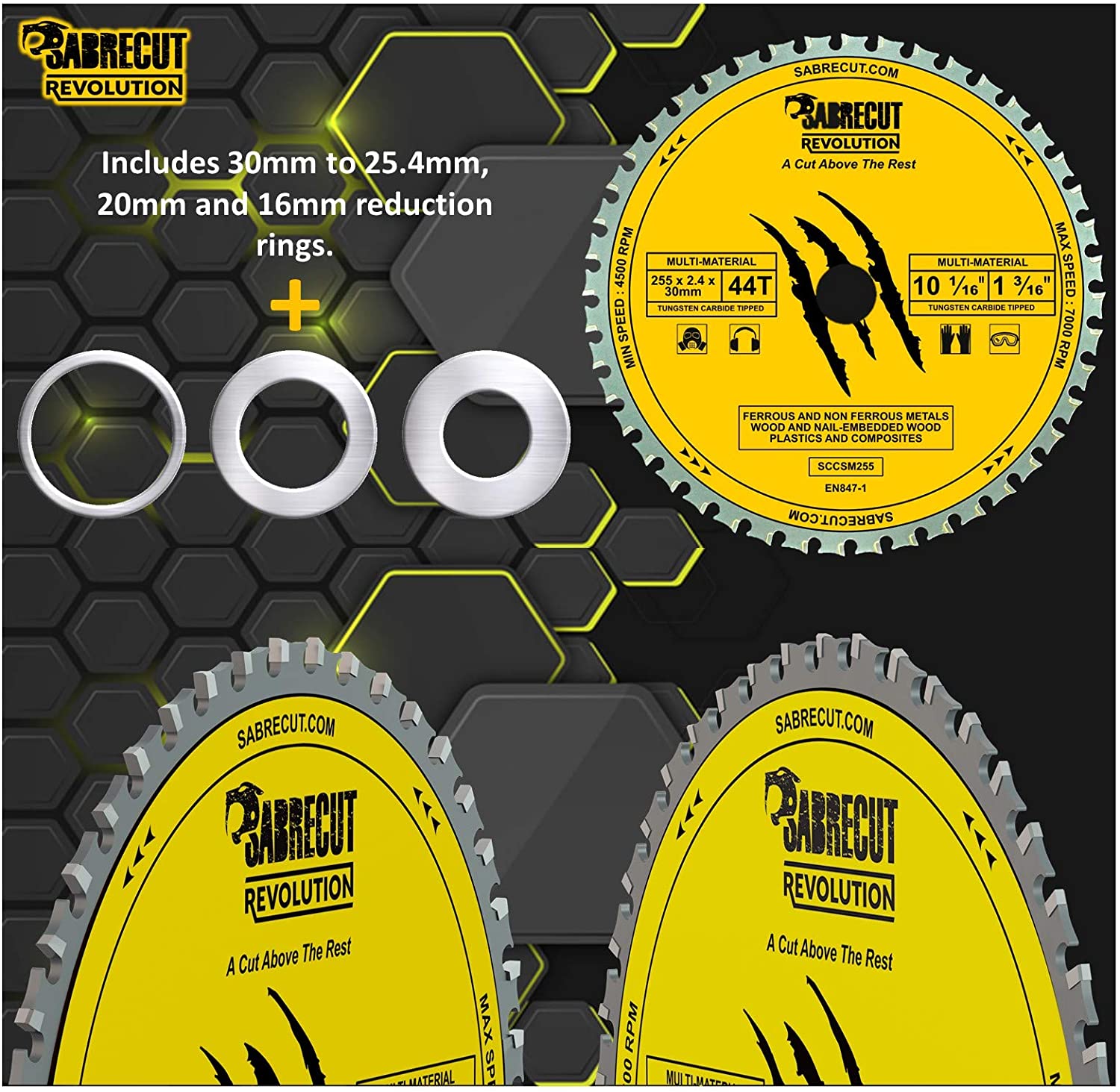 1 x SabreCut SCCSM255_44 255mm 44T x 30mm 25.4mm 20mm 16mm Bore Multi-Material Metal Wood Plastic Circular Saw Blade - Image 3
