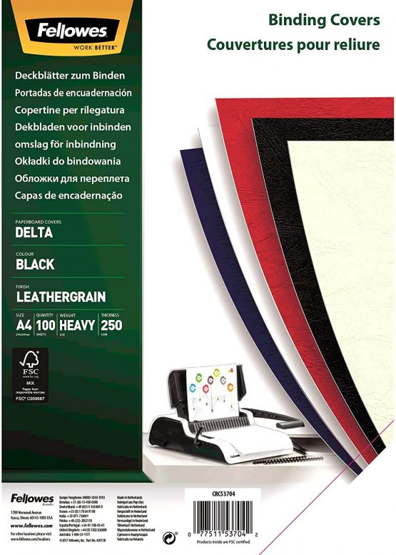 Fellowes A4 100 Percent Recyclable Leatherboard Binding Covers, Heavyweight, 250 gsm Presentation Covers, FSC, Black, Pack of 100, 5370405 - Image 2