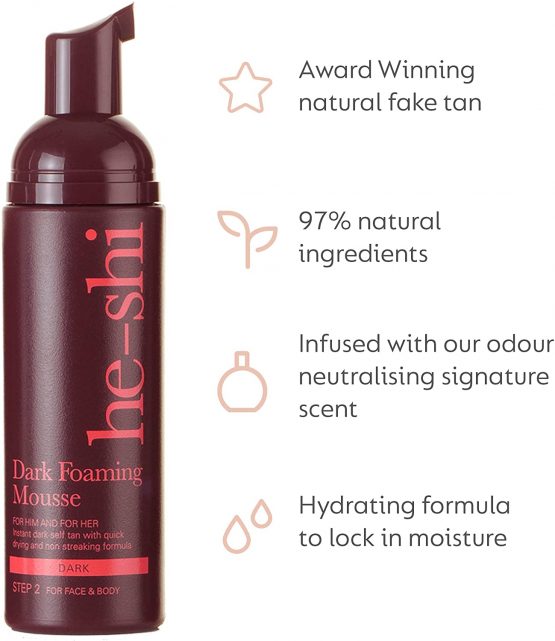 He-Shi Dark Foaming Mousse Instant Self Tanning Mousse – No Fake Tan Smell – Quick Dry and No Streaks Formula – Natural Vegan Formula Containing Glycerine – Body and Face Fake Tan (150ml) - Image 2