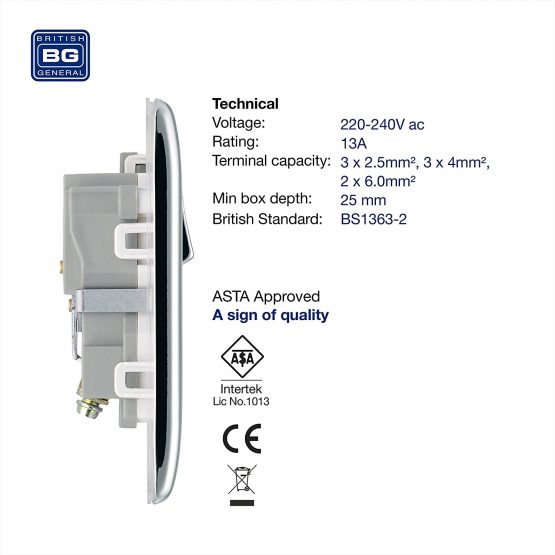 BG Electrical NPC21W Single Switched Power Socket with White Inserts, Polished Chrome, 13 Amp - Image 2