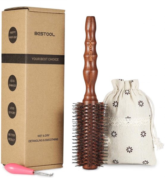 BESTOOL Round Brush for Blow Drying, Boar Bristle Round Hair Brush with Wooden Barrel, Large Round Styling Brush for Women & Men, Straightening, Curling, Adding Shine or Volume (2.2 Inch)