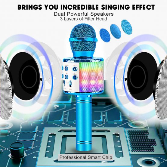 ShinePick Karaoke Bluetooth Microphone, 5 in 1 Recording & Singing Microphone for Kids Adults, Dancing LED Lights Portable Speaker Karaoke Machine, Wireless Microphone for Phone/Pad/TV (Blue) - Image 4