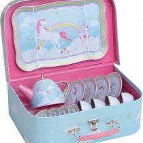 Jewelkeeper 15 Piece Kids Pretend Toy Tin Tea Set & Carrying Case - Rainbow Unicorn Design