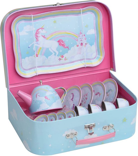 Jewelkeeper 15 Piece Kids Pretend Toy Tin Tea Set & Carrying Case - Rainbow Unicorn Design