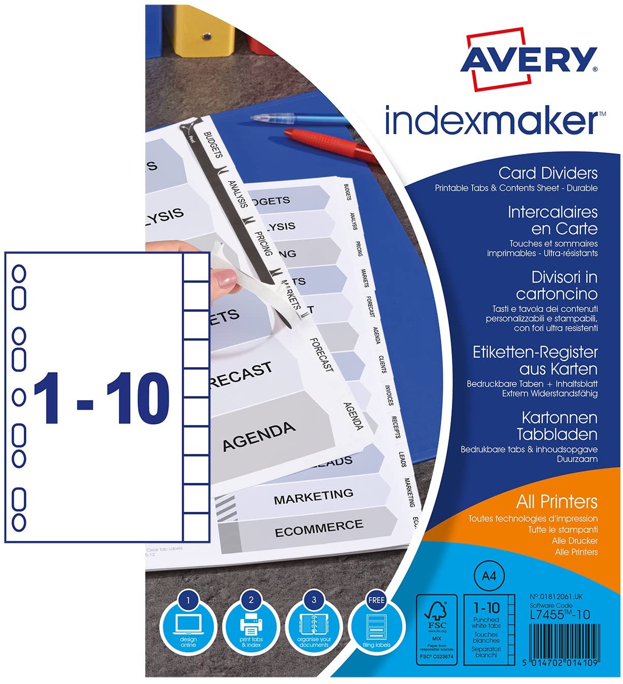 Avery 01812061 A4 IndexMaker Punched Card Dividers with Printable Tabs, 10 Part Dividers - White