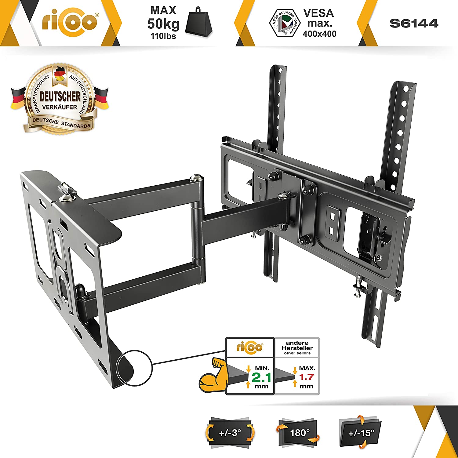 RICOO TV Bracket Tilt Swivel approx 32-55 Inch S6144 for LED LCD OLED Curved and Flatscreens Wall Mount Universal for VESA 200x200-400x400 - Image 2