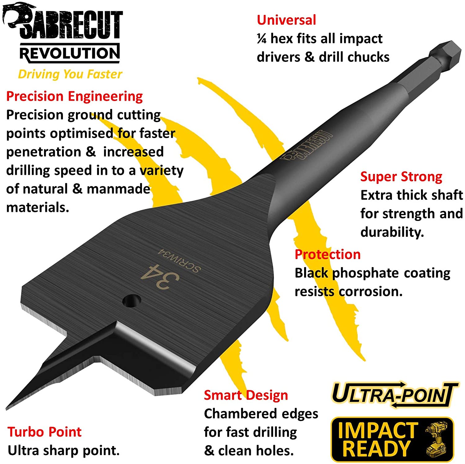 3 x SabreCut SCRIW34_3 34mm x 152mm Impact Rated Flat Wood Spade Bits for Softwood Hardwood Chipboard - Image 2
