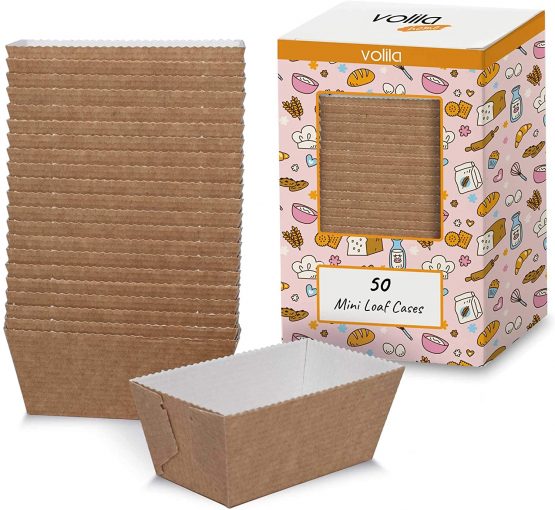 Mini Loaf Cake Cases for Disposable Baking Moulds for Cakes, Bread and Muffins in Paper Brown Moulds (50 Pack)