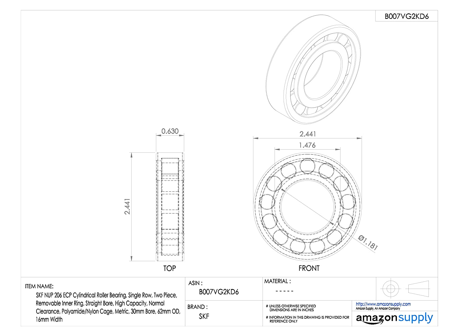 SKF Cylindrical Radial Roller Bearing, 30 ID, Bearing steel - Image 2