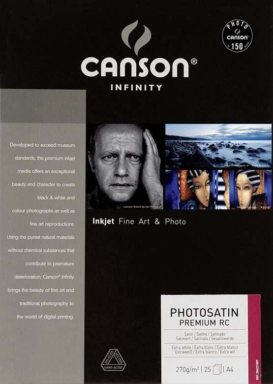 Canson Infinity PhotoSatin Premium RC 270gsm, semi-glossy white inkjet paper, A4, box of 25 sheets