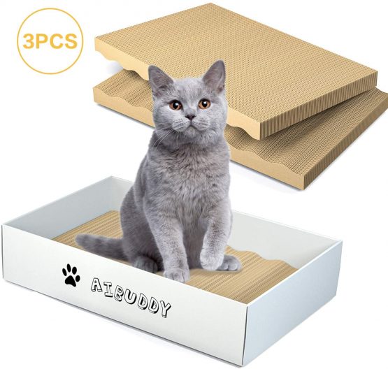 Aibuddy Cat Scratcher, 3PCS Cat Scratching Pads Lounge Bed Reversible Cardboard with Organic Catnip [ Home Clean Design with Scratcher Box ]