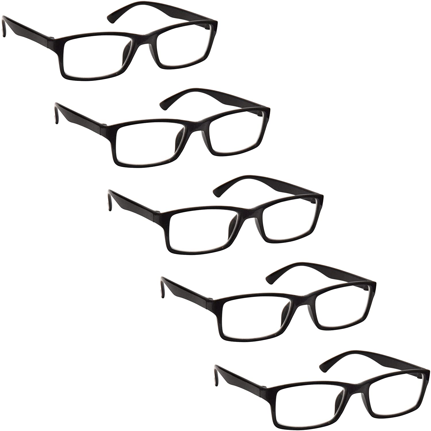 OPULIZE PEP Reading Glasses for Women Men Large Rectangular Designer Frame with Spring Hinges, Scratch Resistant, Black +1 (Pack of 5)