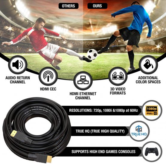 15M HDMI Cable v1.4 by True HQ™ | HIGH SPEED Long Lead with Ethernet ARC 3D | Full HD 1080P PS4 Xbox One Sky HD TV Laptop PC Monitor CCTV | Black & Gold Plated - Image 4