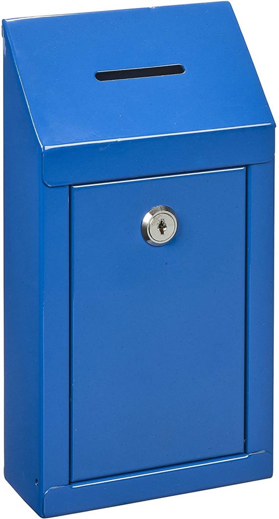 Metal Wall Mounting or CounterTop Charity Donation Collection Box Secure Suggestion and Ballot Box with Top Coin Slot, Lock Included with 2 Keys (Blue)