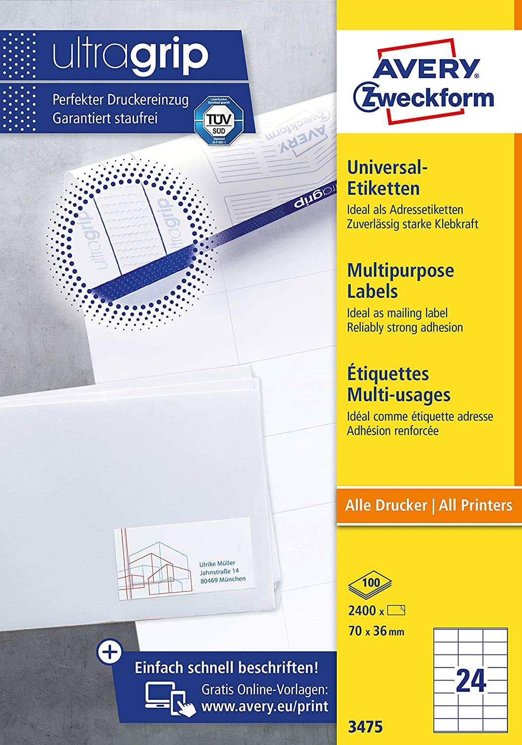 AVERY Zweckform 3475 Address Labels (2,400 Adhesive Labels, 70 x 36 mm on A4, Matte Paper, Printable Sender Labels - Image 2