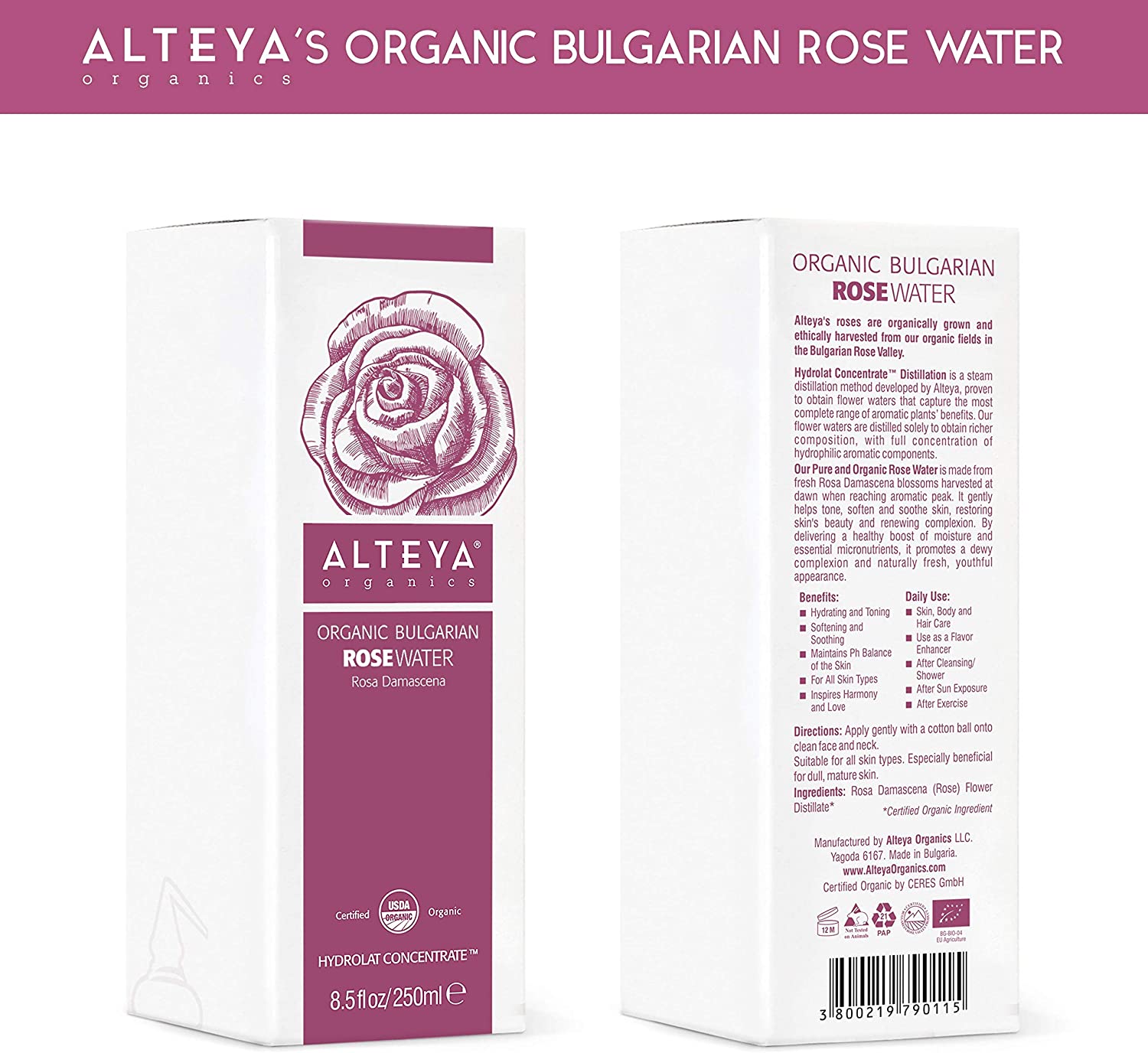 Alteya Organic Rose Water 250ml, Pure Organic Rosa Damascena Hydrolat, No additives, No Artificial Ingredients - Image 3