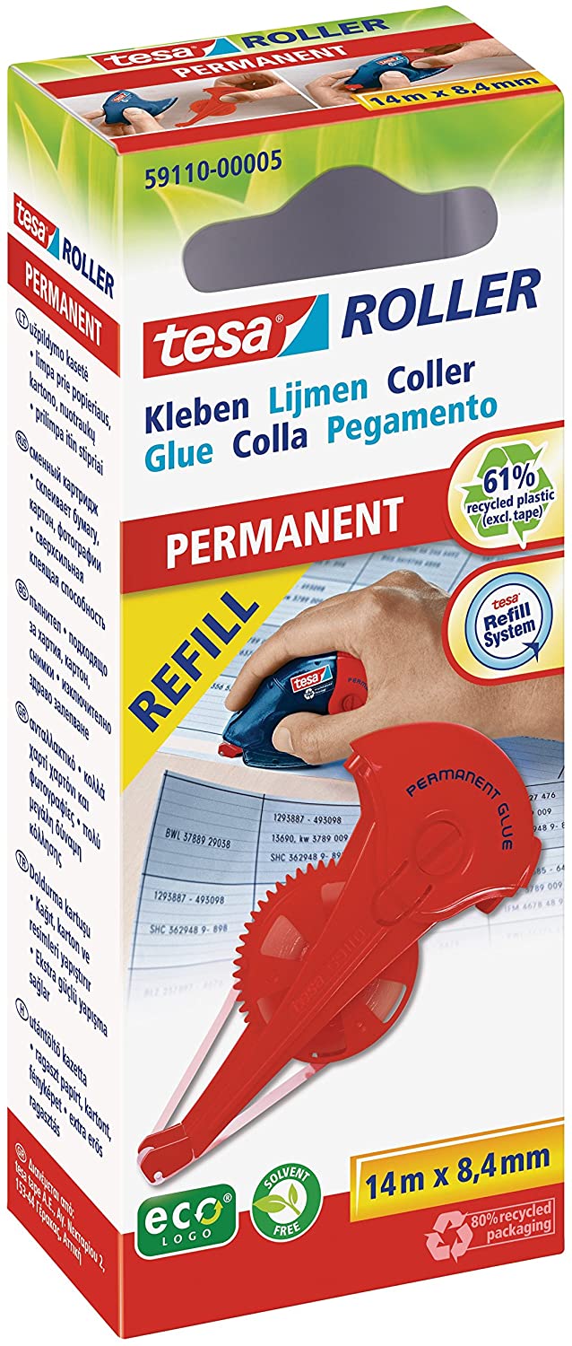 tesa Permanent Glue Roller ecoLogo Environmentally Friendly, 14 m x 8.4 mm - Refill, red, 1 piece