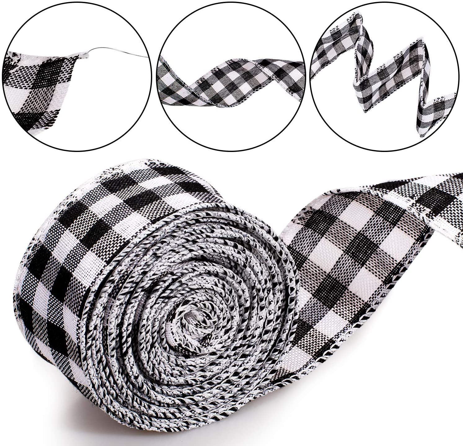Whaline 3 Rolls Wired Edge Ribbons, 30 Yards x 2 Inches Black Red Plaid, Black White Plaid - Image 3