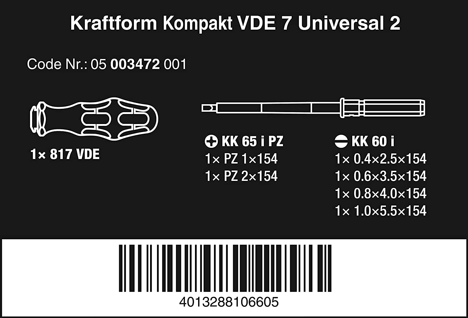 Wera Kraftform Kompakt VDE 7 Universal 1 Interchangeable Screwdriver set, PZ/SL, 7pc, 05003472001, Multi-colour - Image 2
