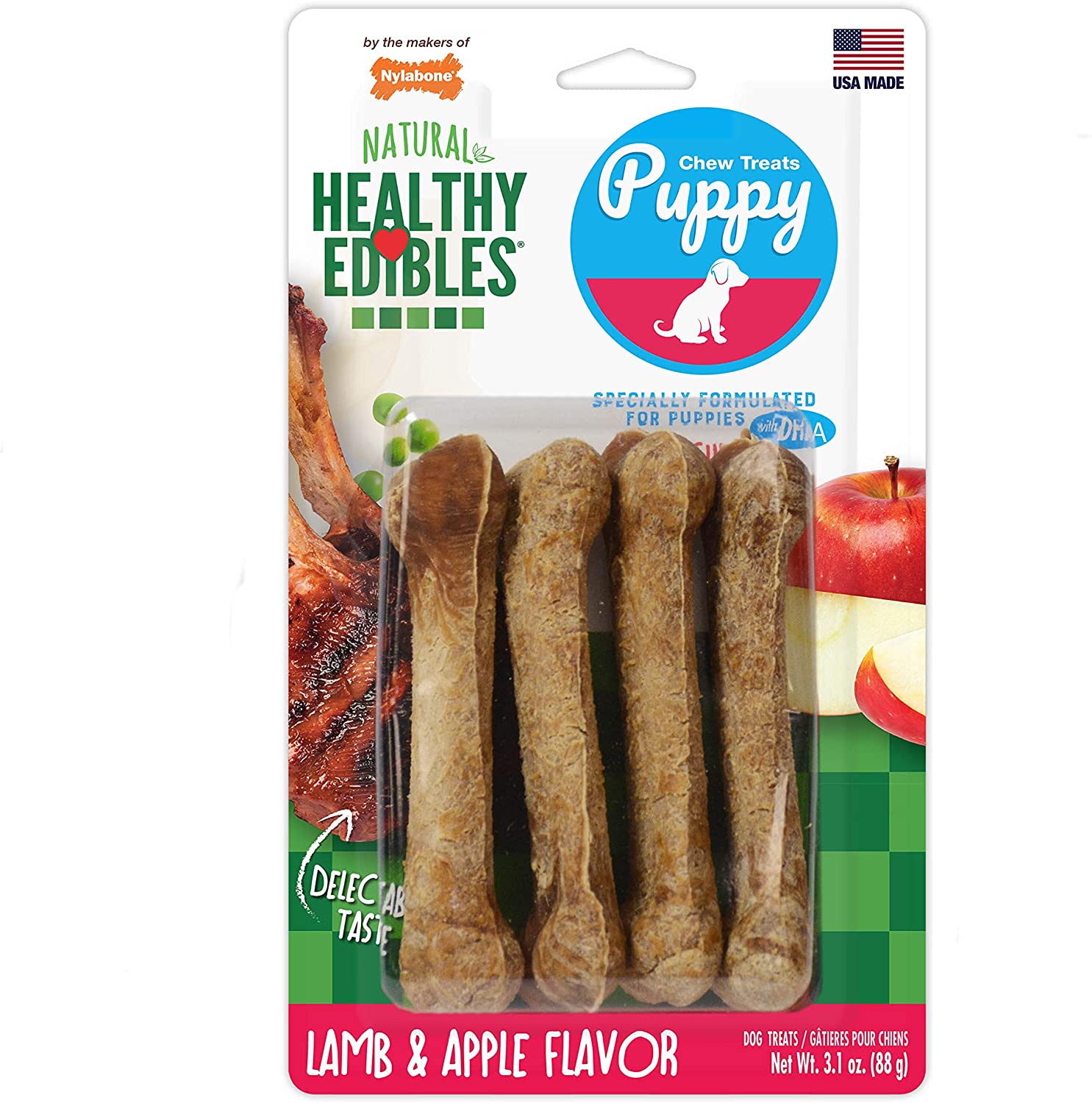 Nylabone Healthy Edibles DHA Omega-3 Puppy Chews, Lamb and Apple Flavour, Pack of 4, Brown, 22 g (Pack of 4)
