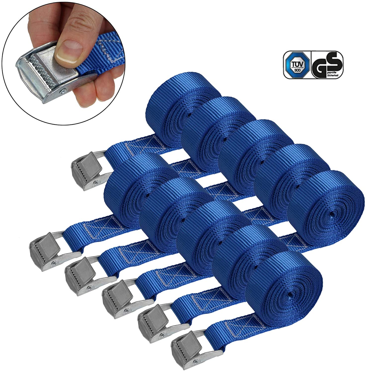 Lashing Straps Tie Down Straps Tension Belt, blue, 2,5m 4m 6m, different quantities, loadable up to 250 kg DIN EN 12195-2