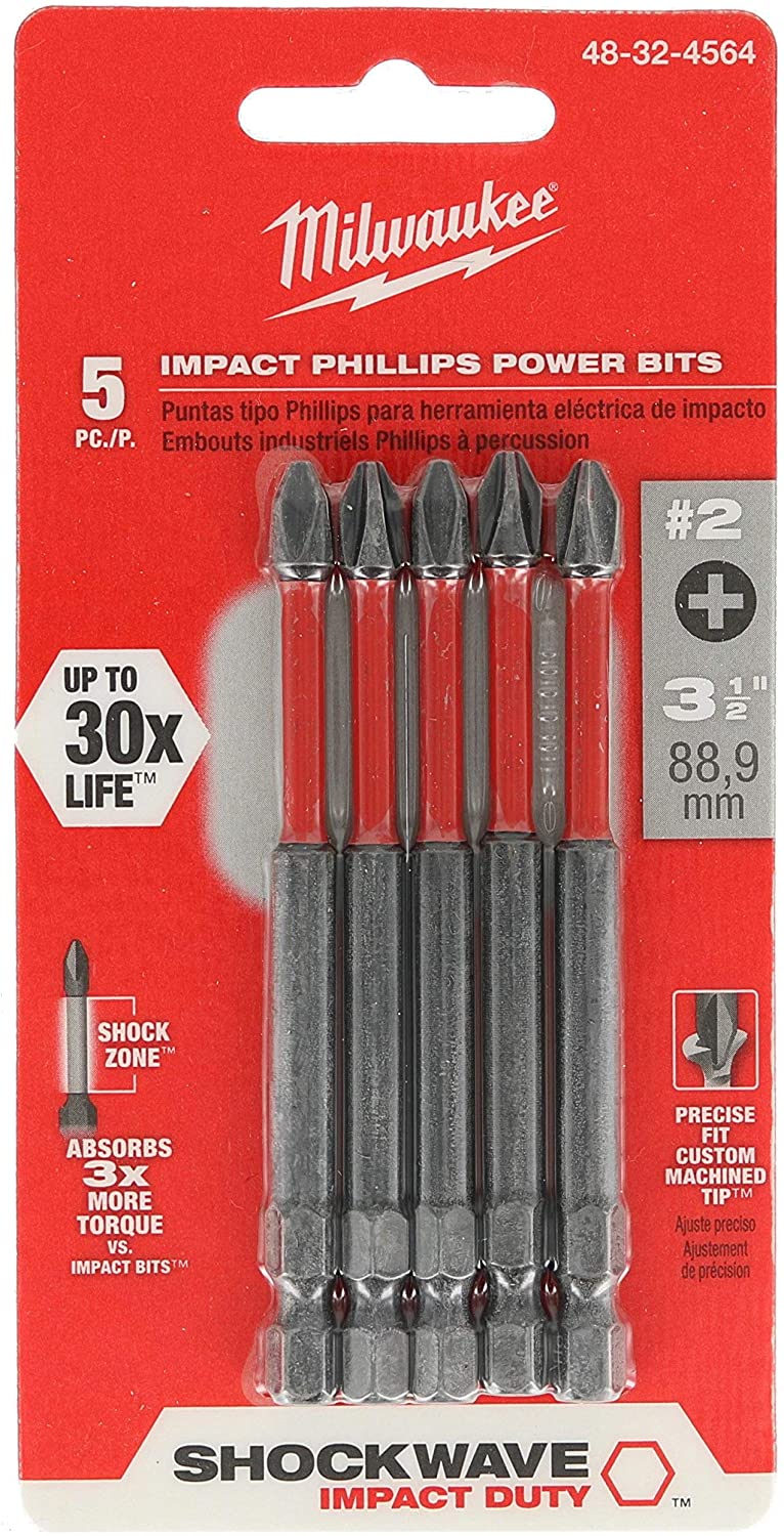 MILWAUKEE ELECTRIC TOOL 48-32-4564 Shockwave 3-1/2" Power Bit Phillips #2 5 Pack, Black, Pack of 1