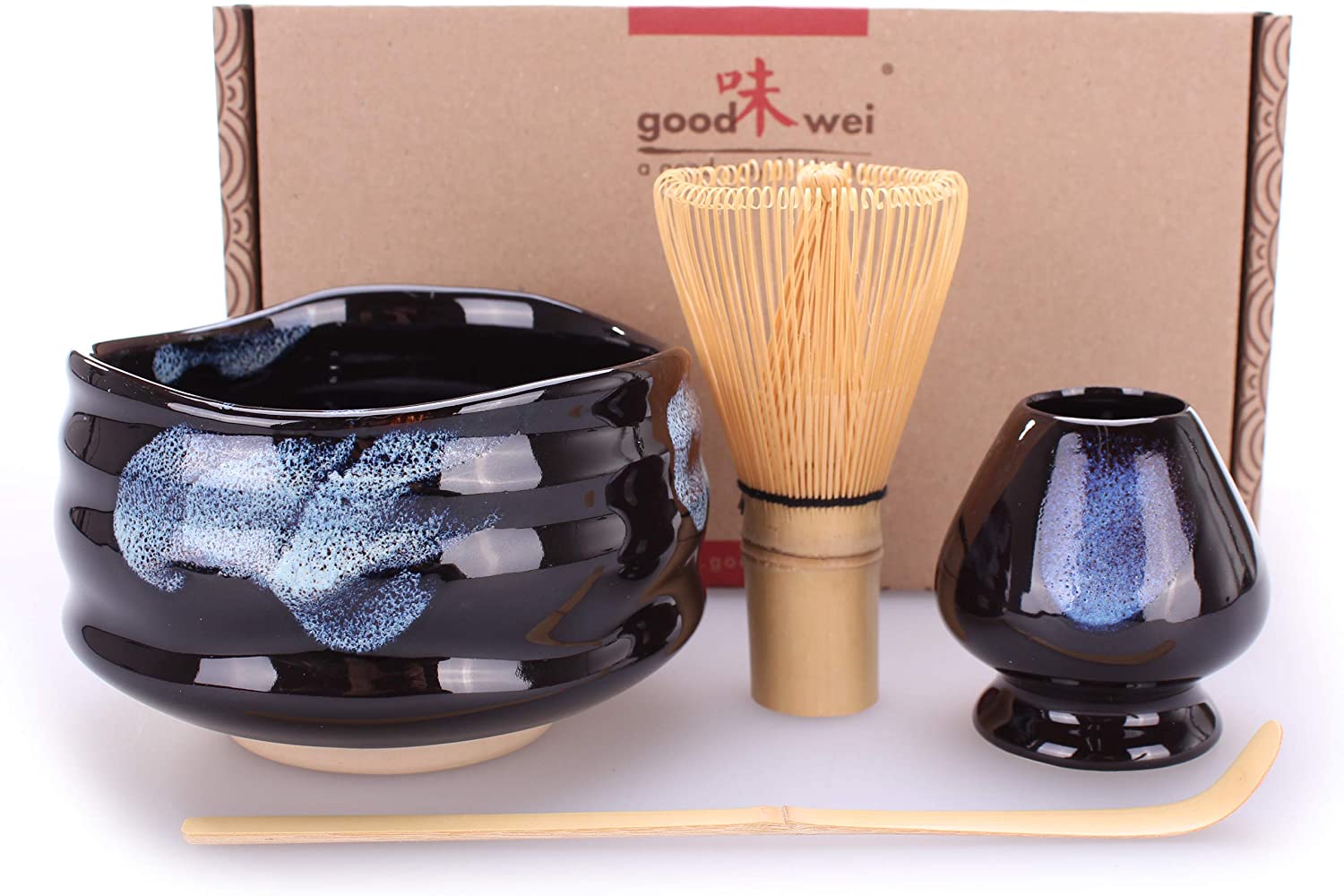 Goodwei Matcha Set including Matcha Whisk, Spoon and Ceramic Matcha Bowl with Whisk Holder in Matching Design