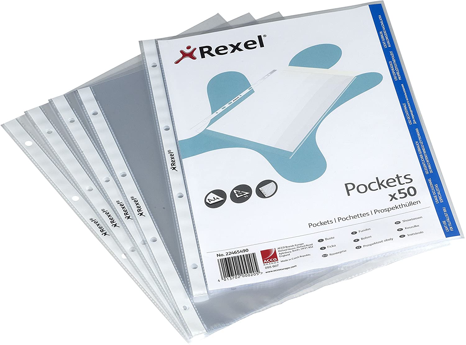 Rexel Quality A4 Punched Pockets, Glass Clear, Pack of 50, 22465490, Transparent