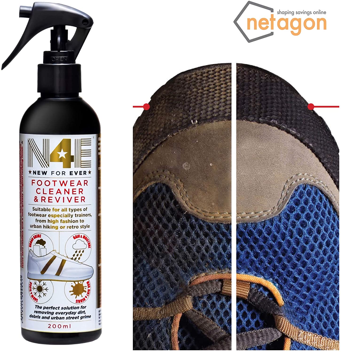 N4E Shoe Trainers Footwear Cleaner, Restorer & Reviver Care Cleaning Kit - Spray, Brush, Cloth, Block & Sachets - Image 4