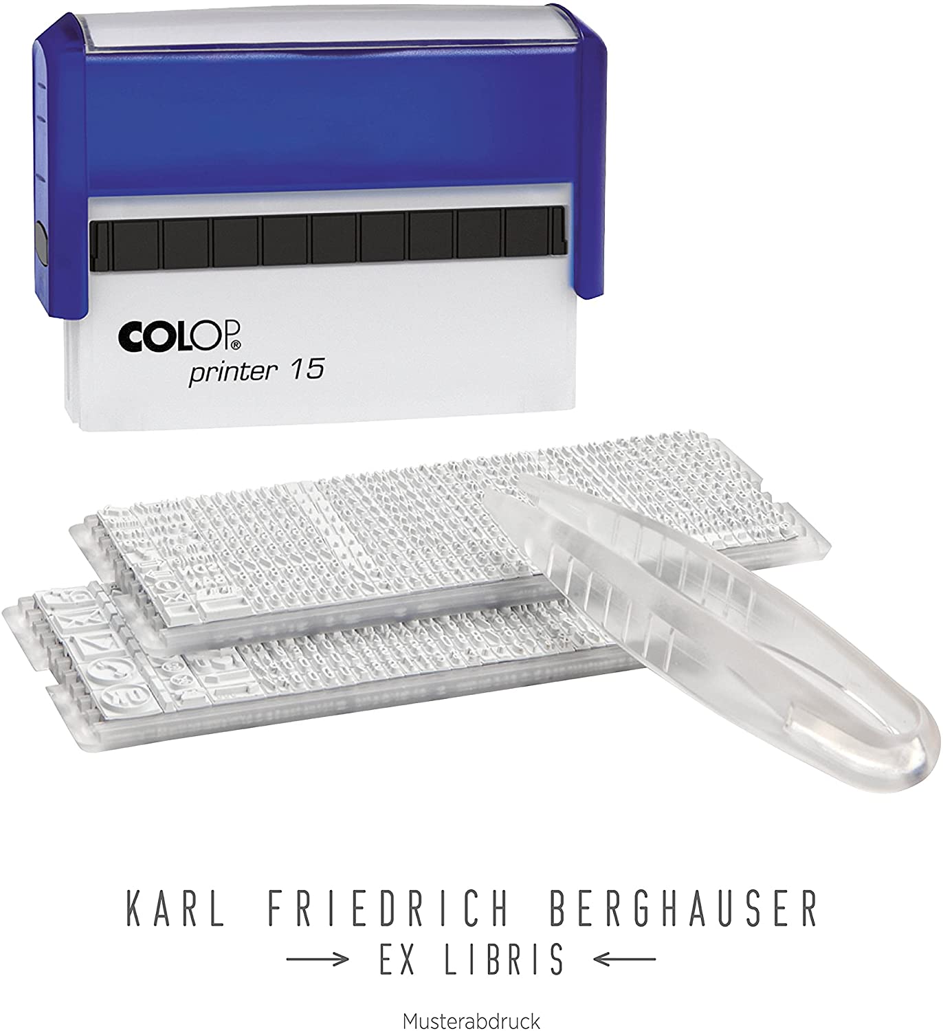 Colop Printer 15 Set of 2 Lines Stamp for Extra Long Texts Including Types and Tweezers, blue