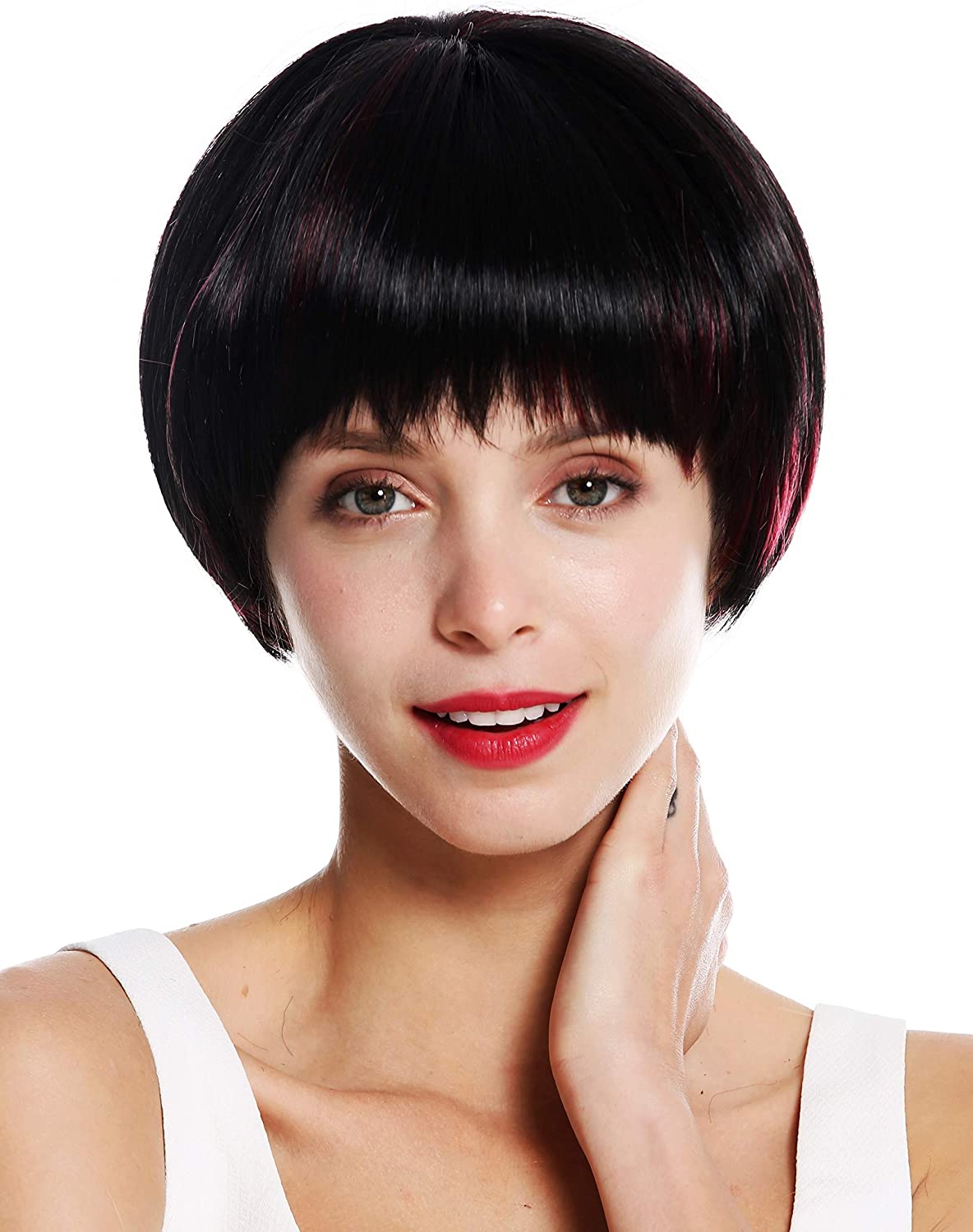 WIG ME UP, VK-53-F1B/BG quality women's wig short sleek pageboy cut black red signal red highlights