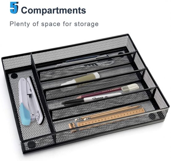 Cutlery Tray, HaWare Cutlery Organizer, Non-Silp 5 Compartments Utensil Drawer Storage, Kitchen/Office, Steel Mesh Silverware Drawer/Holder/Divider, 31.8x23.7x5cm, Rust-Free, Black - Image 4