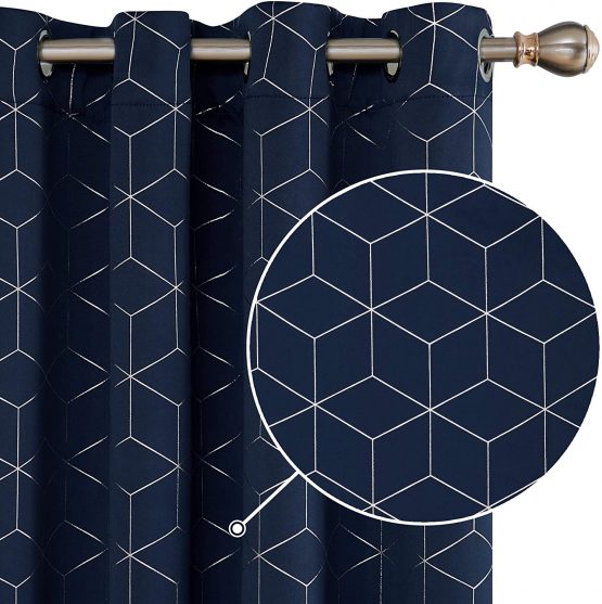 Deconovo Blackout Curtains, Eyelet Curtains, Diamond Foil Printed Thermal Insulated Curtains for Bedroom, 46 x 54 Inch(Width x Length), Navy Blue, One Pair