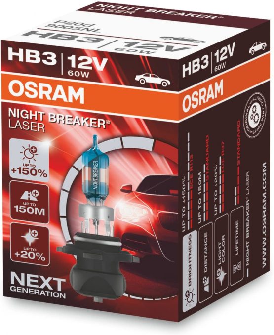 OSRAM NIGHT BREAKER LASER HB3, +150% more brightness, halogen headlight lamp, 9005NL, 12V, folding box (1 lamp)