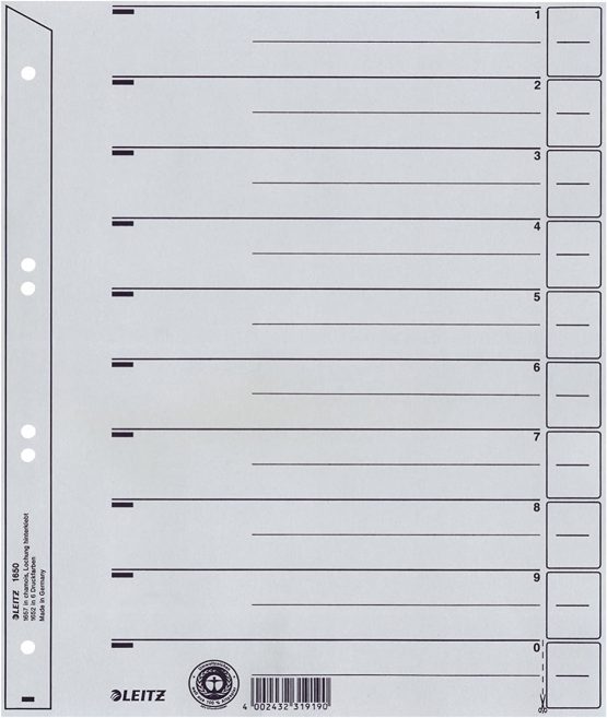 Leitz 1650-30-85, Separator Sheets, A4, 24 x 30 cm, 25 Sheets, Grey