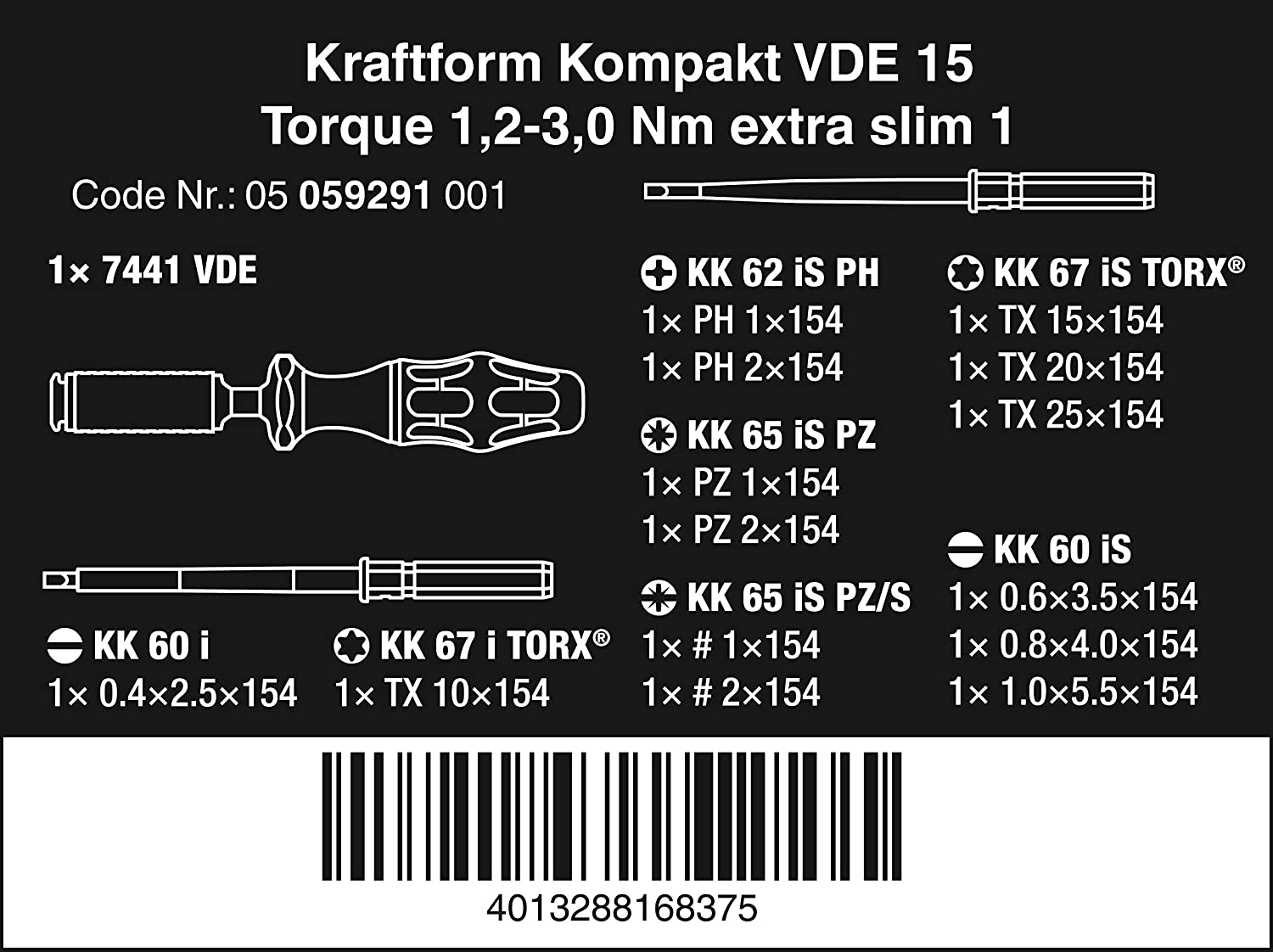 Wera Kraftform Komapkt VDE Adjustable Torque, Interchangeable Blade Screwdriver Set, 1.2-3.0Nm, 15PC, 05059291001 - Image 2