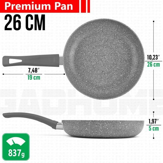GadHome Premium 26cm Nonstick Frying Pan | High Quality Aluminum Induction Pan with Ergonomic Handle | Gray Stone Granite Effect - Image 2