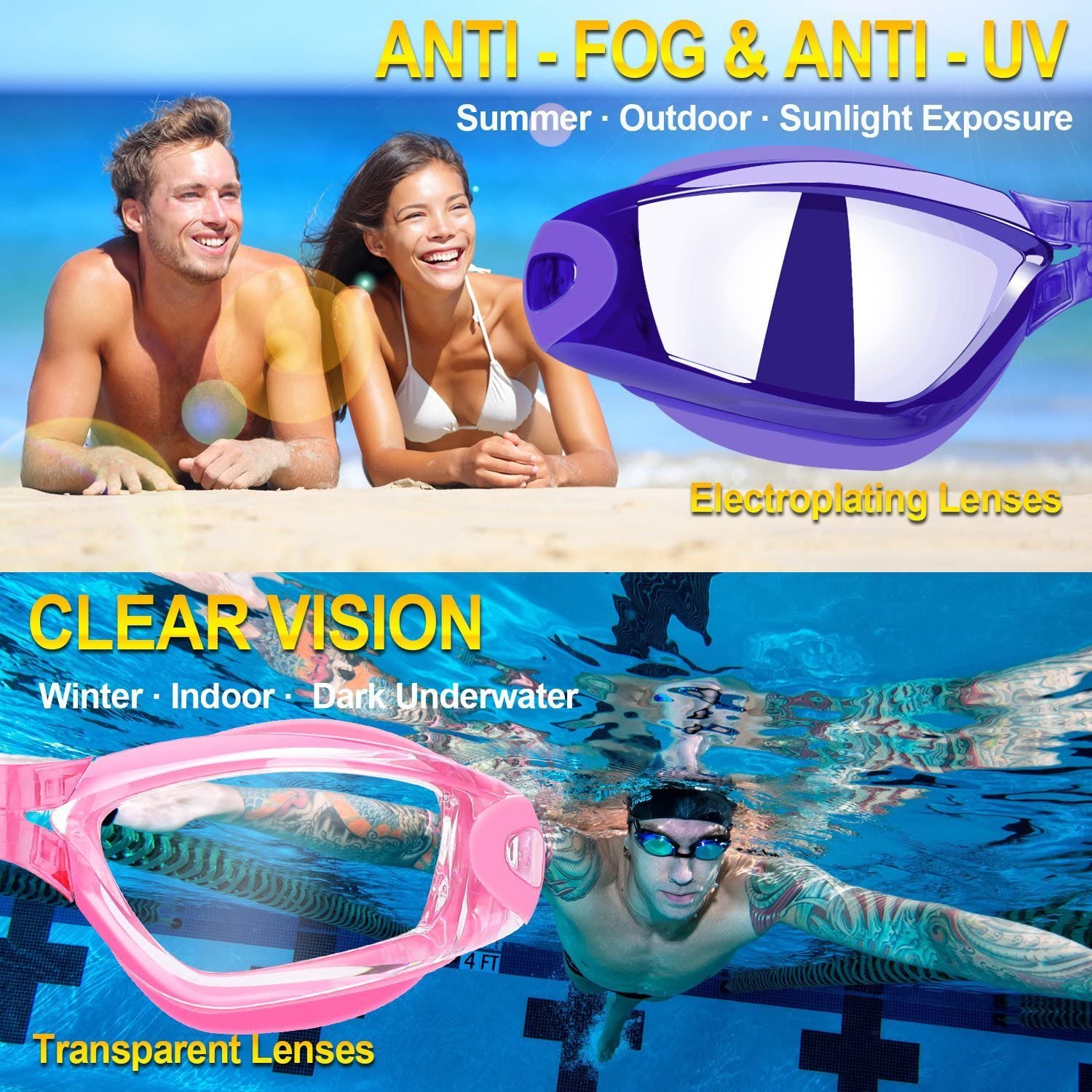 COOLOO Swimming Goggles, 2 Pack Swim Goggles for Adult Men Women Youth Kids 8+ - Image 4