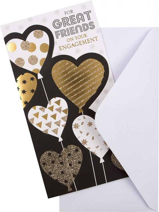Friends Engagement Congratulations Card from Hallmark - Black and Gold Heart Balloons Design - Image 2