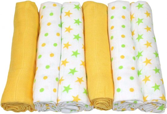 MuslinZ 6pk Baby Muslin Squares Burp Cloths 100% Pure Soft Cotton 70x70cm Yellow Stars - Image 2